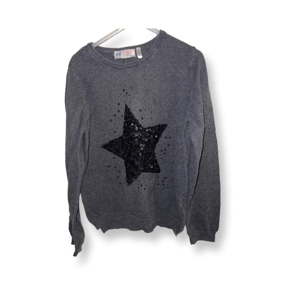H&m US 8-10 Girls Long Sleeve Sweater Grey Gray With Black Sequin Star Detail - Picture 6 of 15